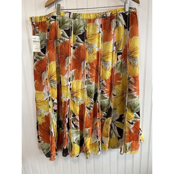 Coldwater Creek Skirt Pleated Women Size 2X Floral Yellow Orange NWT Elastic Bac - Picture 3 of 8